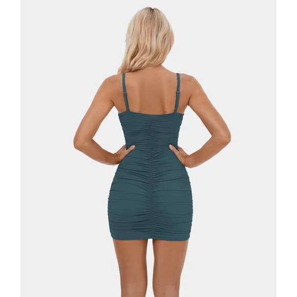 Halara Backless Ruched Bodycon Dress Teal Blue Size L NWT - Picture 3 of 10